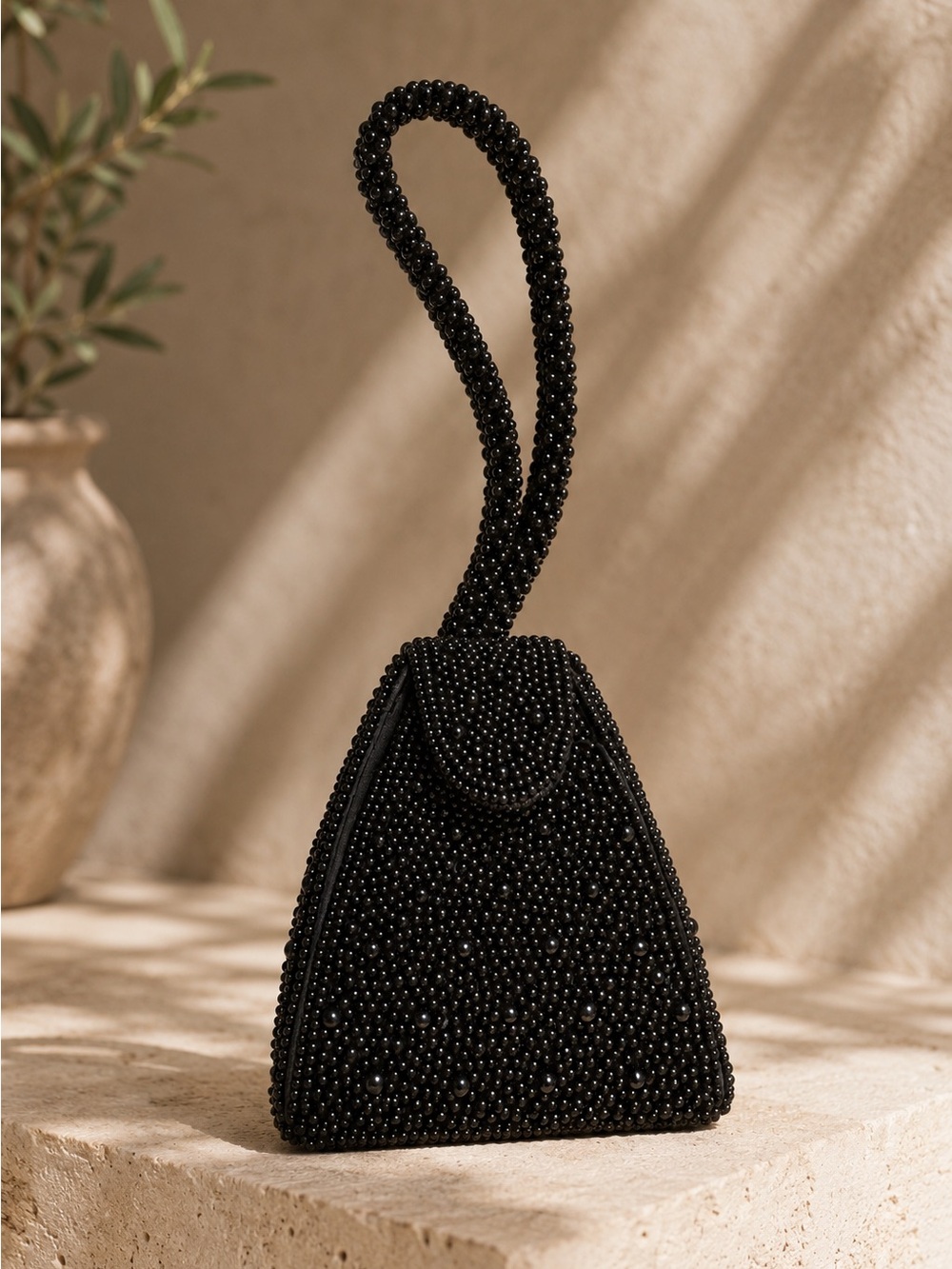 Carlo Fellini Mini Evening Bag Purse Black Beaded Shoulder Strap Snap Flap